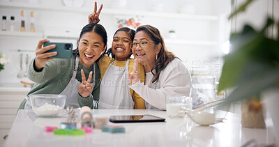 Buy stock photo Selfie, mom or peace sign in kitchen with generations for photography, memory or baking together in home. Smile, mother and grandma with child or junior baker for capture moment or picture in house