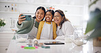 Baker, selfie and mom in kitchen with generation for photography, memory or bonding together in home. Smile, mother and grandma baking with daughter or family for capture moment or picture in house