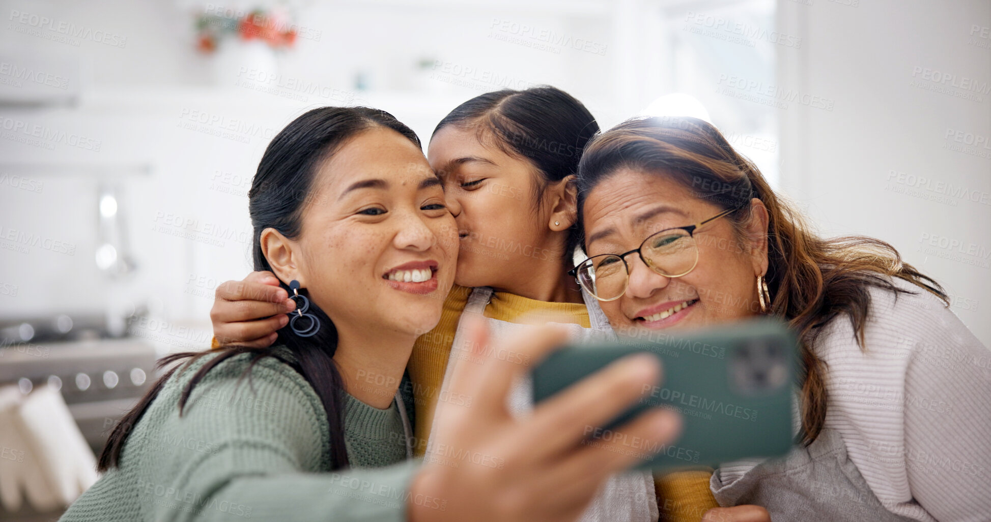 Buy stock photo Selfie, mom or kid with kiss, grandma or generation in kitchen for photography or memory in home. Smile, mother or grandmother with child, daughter or love for capture moment or picture in house