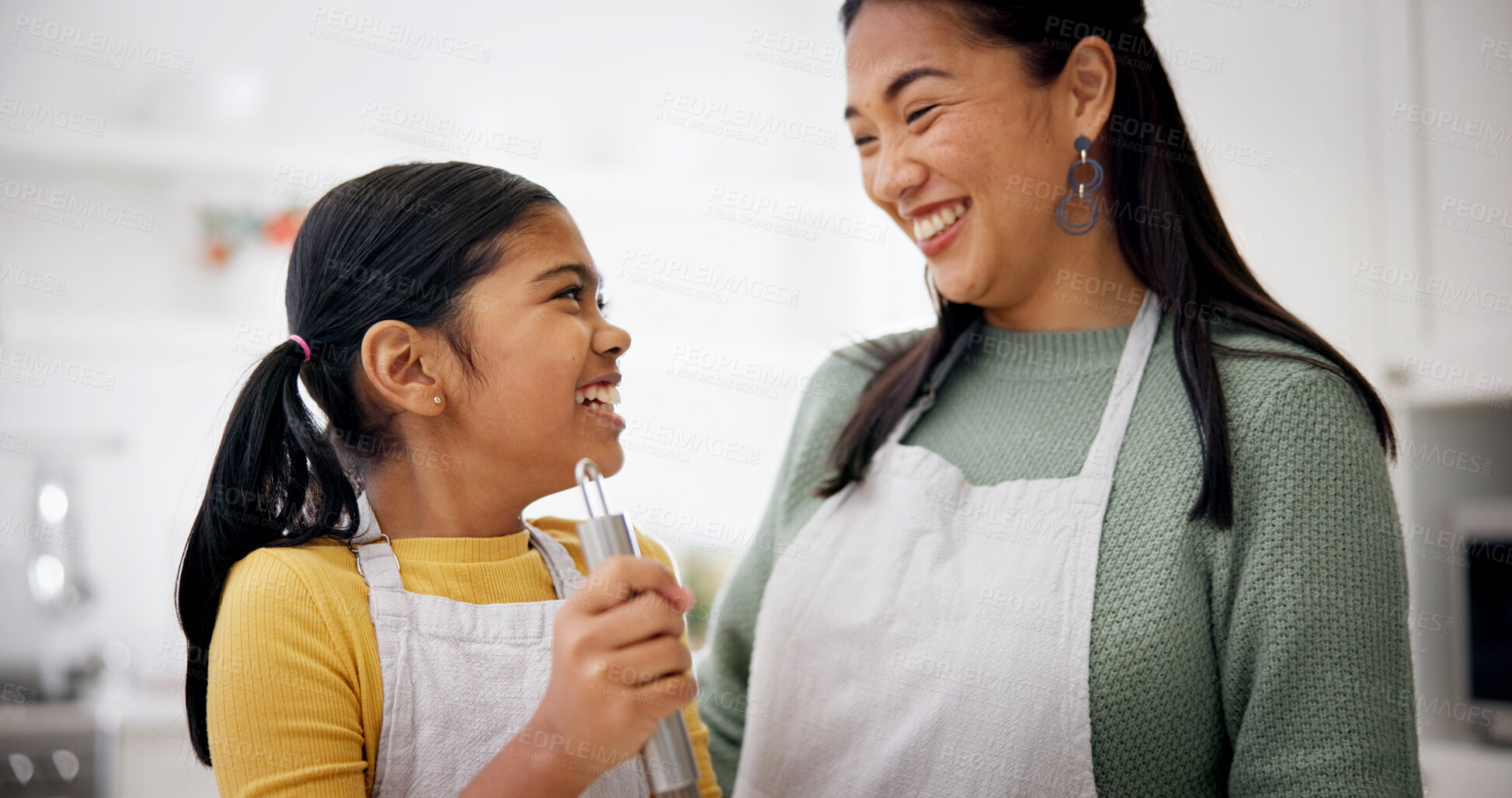 Buy stock photo Mother, girl and baking in kitchen with help, teaching recipe and bonding with dessert in home. Learning, kid and mom with education, discussion and family with ingredients for child development