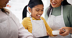 Smile, baking and child with grandma and mother in kitchen for learning, development or bonding. Happy, flour and girl kid with mom and senior woman for cooking together with teaching in home.
