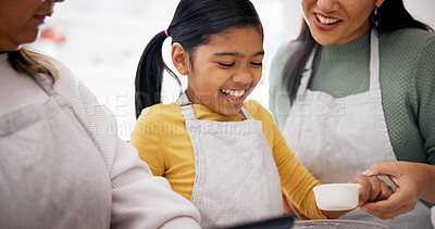 Buy stock photo Smile, baking and child with grandma and mother in kitchen for learning, development or bonding. Happy, recipe and girl kid with mom and senior woman for cooking together with teaching in home