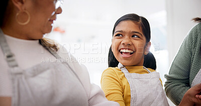Buy stock photo Happy, baking and kid with grandma and mother in kitchen for learning, development or bonding. Smile, growth and girl child with mom and senior woman for cooking together with teaching in home.