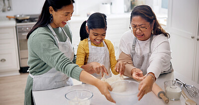 Buy stock photo Baking, grandmother, mother with girl in kitchen, teaching culinary skills and meal prep assistance. Happy, women or child with dough for cooking support, generations or learn family recipe in home