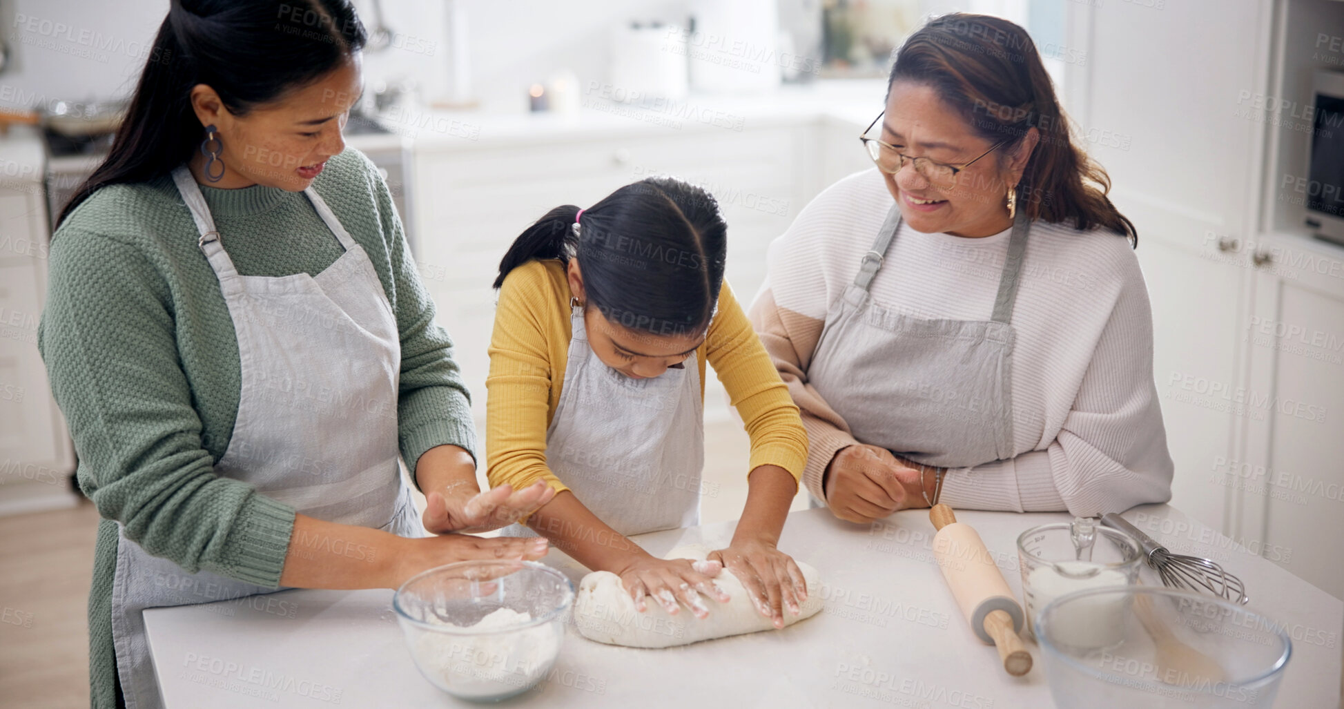 Buy stock photo Mom, grandma and baker with child kneading dough in kitchen for learning skill or technique in home. Mother, grandmother or helping with daughter or flour for junior baking or generation recipe