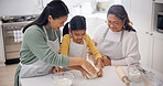 Mom, grandma and baker with child in kitchen for learning skill, technique or kneading dough in home. Mother, grandmother or helping with daughter or flour for junior baking or generation recipe
