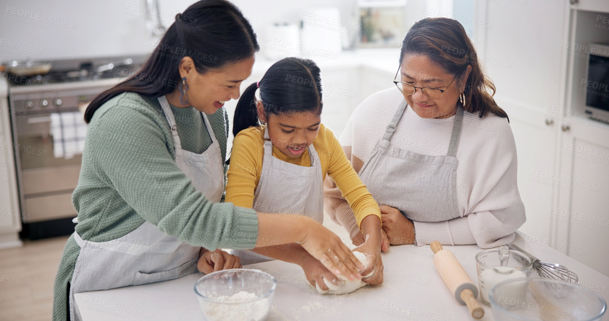 Buy stock photo Mom, grandma and baker with child in kitchen for learning skill, technique or kneading dough in home. Mother, grandmother or helping with daughter or flour for junior baking or generation recipe