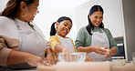 Child, mother and baking with grandmother in family home for learning recipe, help and smile together. Mom, girl and grandparent in kitchen with dough, teaching and bonding with happy generations