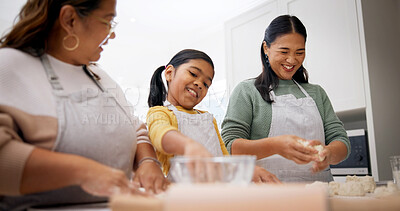 Buy stock photo Child, mother and baking with grandmother in family home for learning recipe, help and smile together. Mom, girl and grandparent in kitchen with dough, teaching and bonding with happy generations
