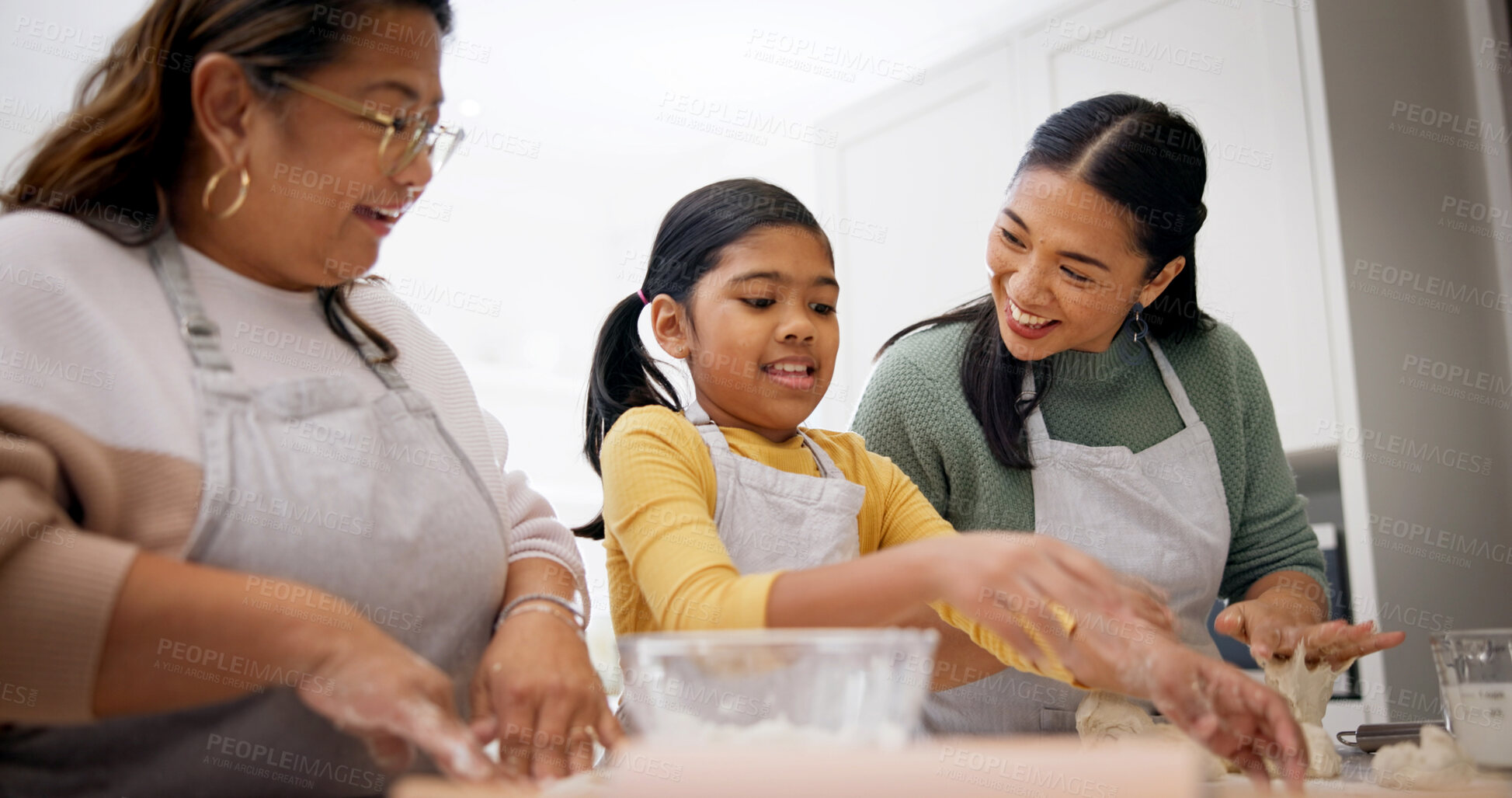 Buy stock photo Child, mother and baking with grandma in family home for learning recipe, help and smile together. Mom, girl and grandparent in kitchen with dough, teaching and bonding with happy generations