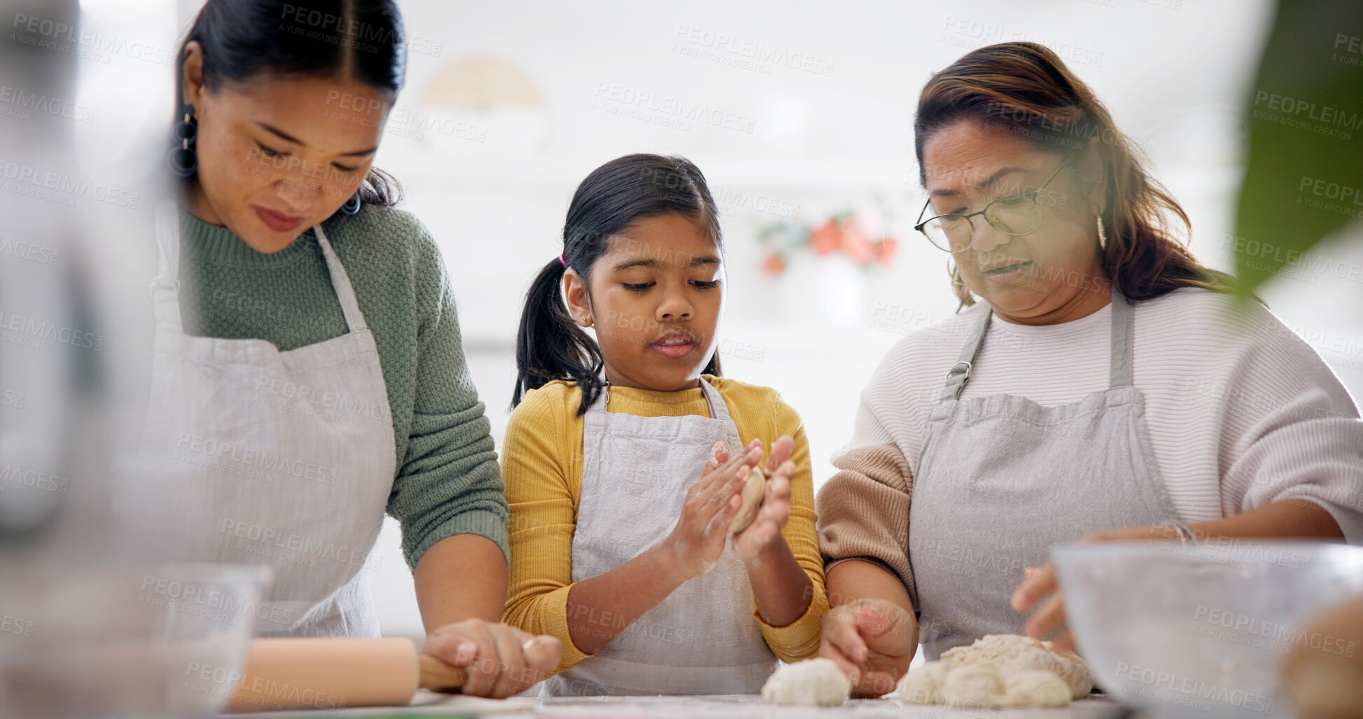 Buy stock photo Kid, mother and baking with grandma in family home for learning recipe, help and bonding together. Grandparent, girl and mom in kitchen with rolling pin for dough ingredients, teaching or generations