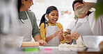 Women, girl and baking in kitchen with dough, recipe and learning with mother in home. Teaching, kid and grandmother with education, advice and family with bread ingredients for child development