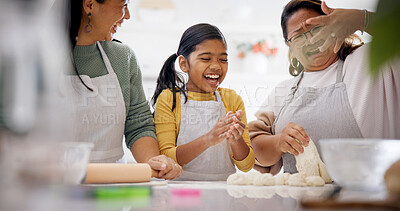 Buy stock photo Women, girl and baking in kitchen with dough, recipe and learning with mother in home. Teaching, kid and grandmother with education, advice and family with bread ingredients for child development