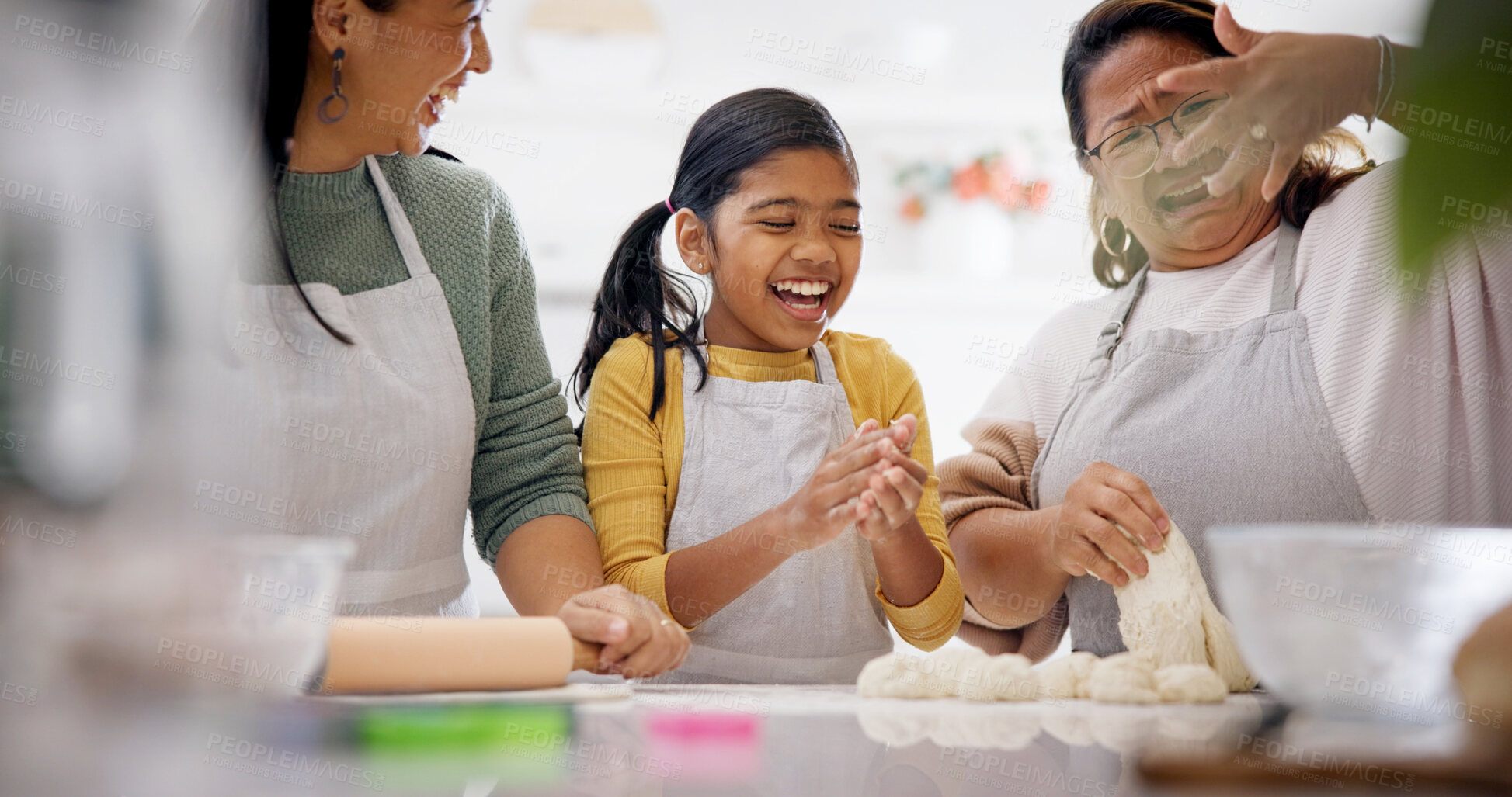 Buy stock photo Women, girl and baking in kitchen with dough, recipe and learning with mother in home. Teaching, kid and grandmother with education, advice and family with bread ingredients for child development