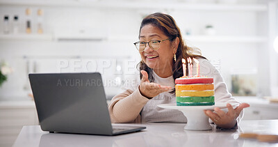 Buy stock photo Video call, laptop or old woman in home with birthday cake, chat or connection in online event. Digital, happy or senior person with dessert, communication or special moment in virtual celebration.