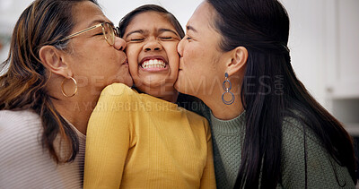 Buy stock photo Love, family or girl in house with kiss on cheek, childcare or bonding together in child growth. Grandmother, mom or kid with smile, healthy relationship or happy connection in childhood development.