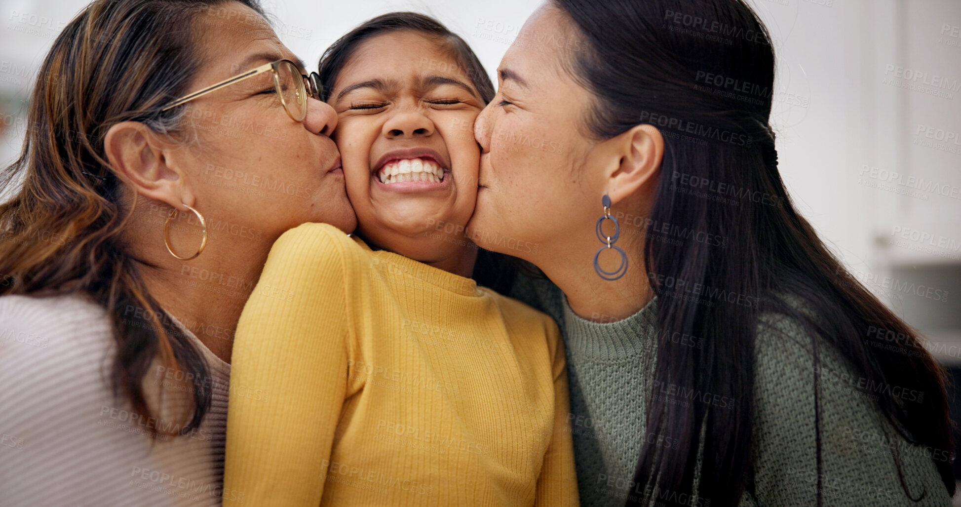 Buy stock photo Love, family or girl in house with kiss on cheek, childcare or bonding together in child growth. Grandmother, mom or kid with smile, healthy relationship or happy connection in childhood development.