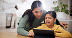 Tablet, headphones and mother with child for elearning, online lesson or studying in home. Digital technology, student and mom helping girl kid for virtual class with development in apartment.