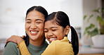 Love, mother and daughter with hug in home for support, affection and security for weekend bonding. Family, woman and child with embrace for connection, relationship development and trust for smile