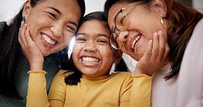 Buy stock photo Love, generations or family in home with portrait, childcare or bonding together in child growth. Grandmother, mom or girl with smile, healthy relationship or connection for childhood development.