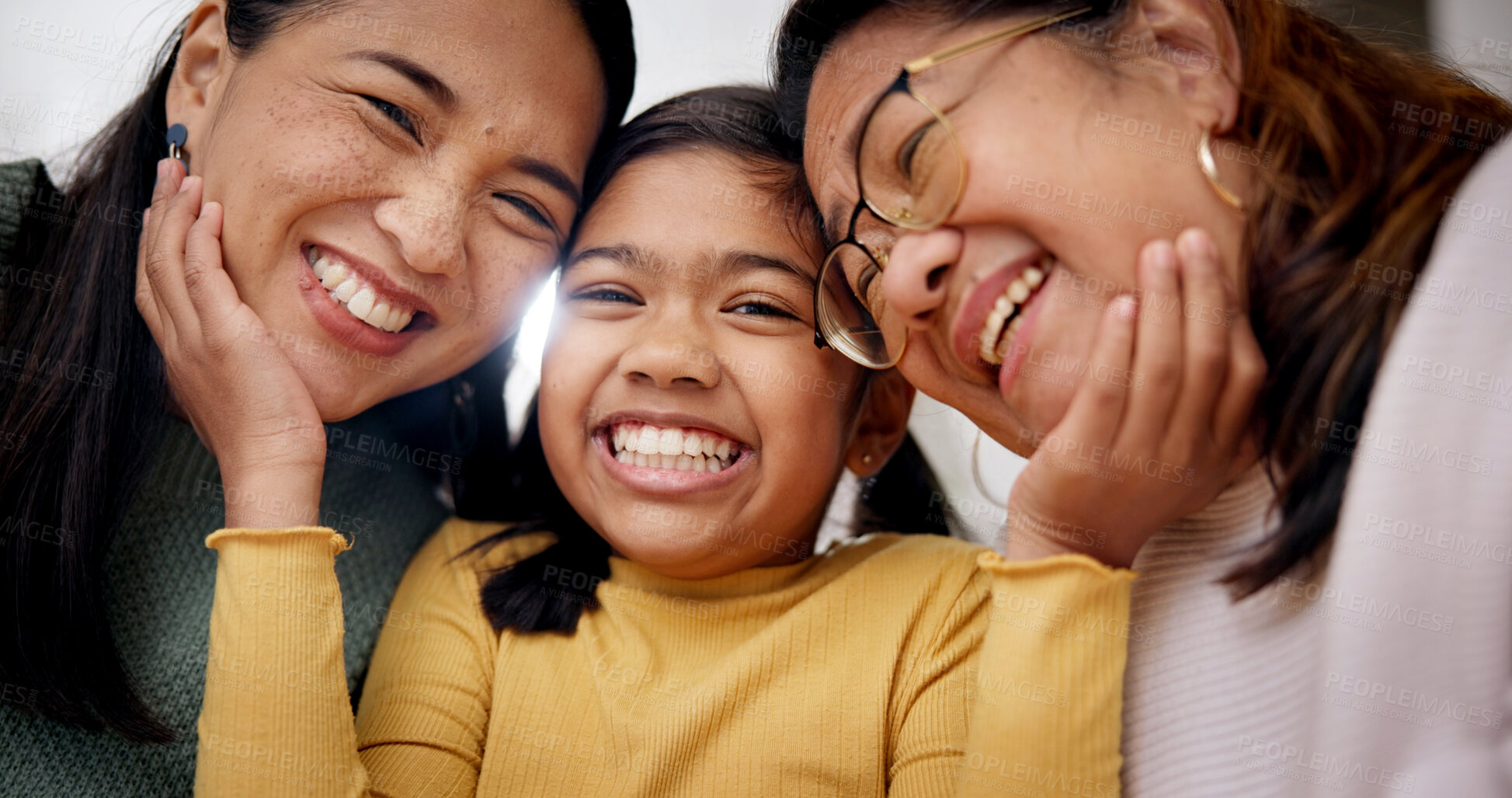 Buy stock photo Love, generations or family in home with portrait, childcare or bonding together in child growth. Grandmother, mom or girl with smile, healthy relationship or connection for childhood development.