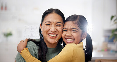 Buy stock photo Portrait, mother and daughter with hug in home for support, affection and security for weekend break. Family, happy woman and child with embrace for connection, relationship development and bonding