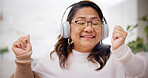 Dance, streaming or old woman in house with headphones, rhythm or listening to music playlist. Happy, space or elderly person in home with closed eyes, feeling beat or radio subscription on audio app