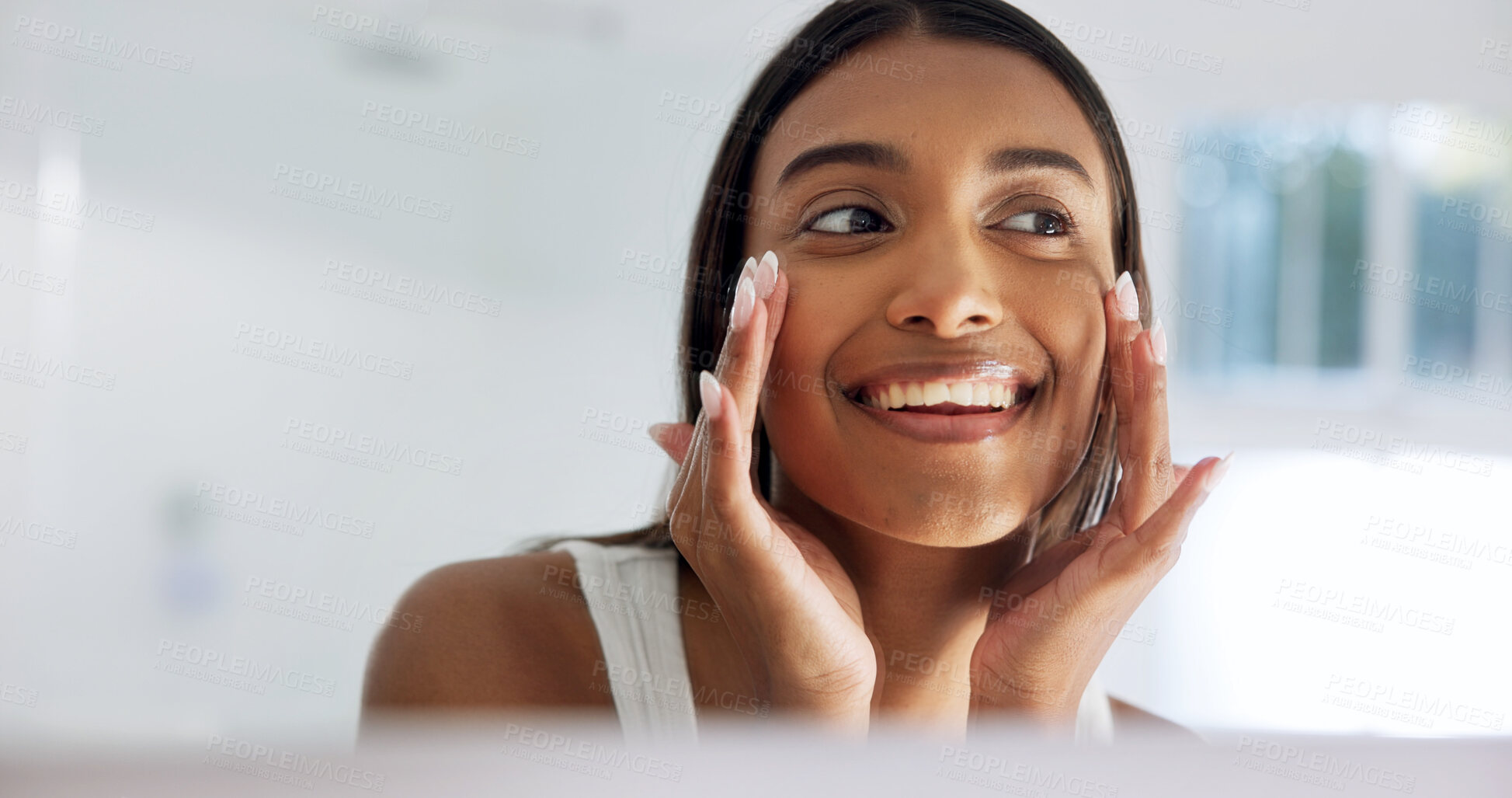 Buy stock photo Mirror, skincare and woman in bathroom for beauty, glow and grooming with morning routine. Dermatology, reflection and happy person with facial cosmetics in home, touch or self care for skin wellness