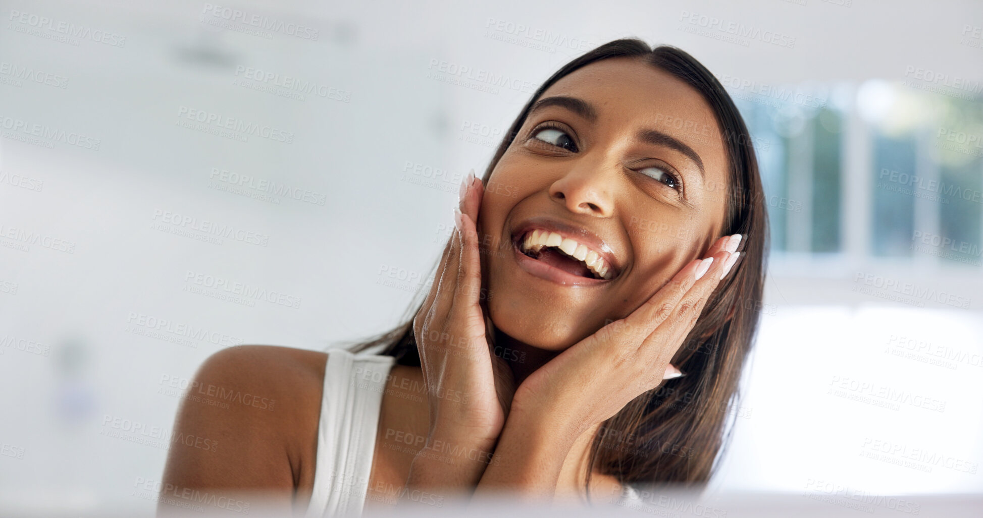 Buy stock photo Mirror, skincare or excited woman in bathroom for beauty, glow or grooming with morning routine. Dermatology, reflection or happy person with facial cosmetics in home, touch or self care with results