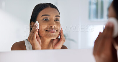 Buy stock photo Mirror, pad and woman in bathroom for skincare, hygiene and cleaning with makeup remover. Reflection, female person and cosmetics at house with cotton, facial cleanser and treatment for dermatology