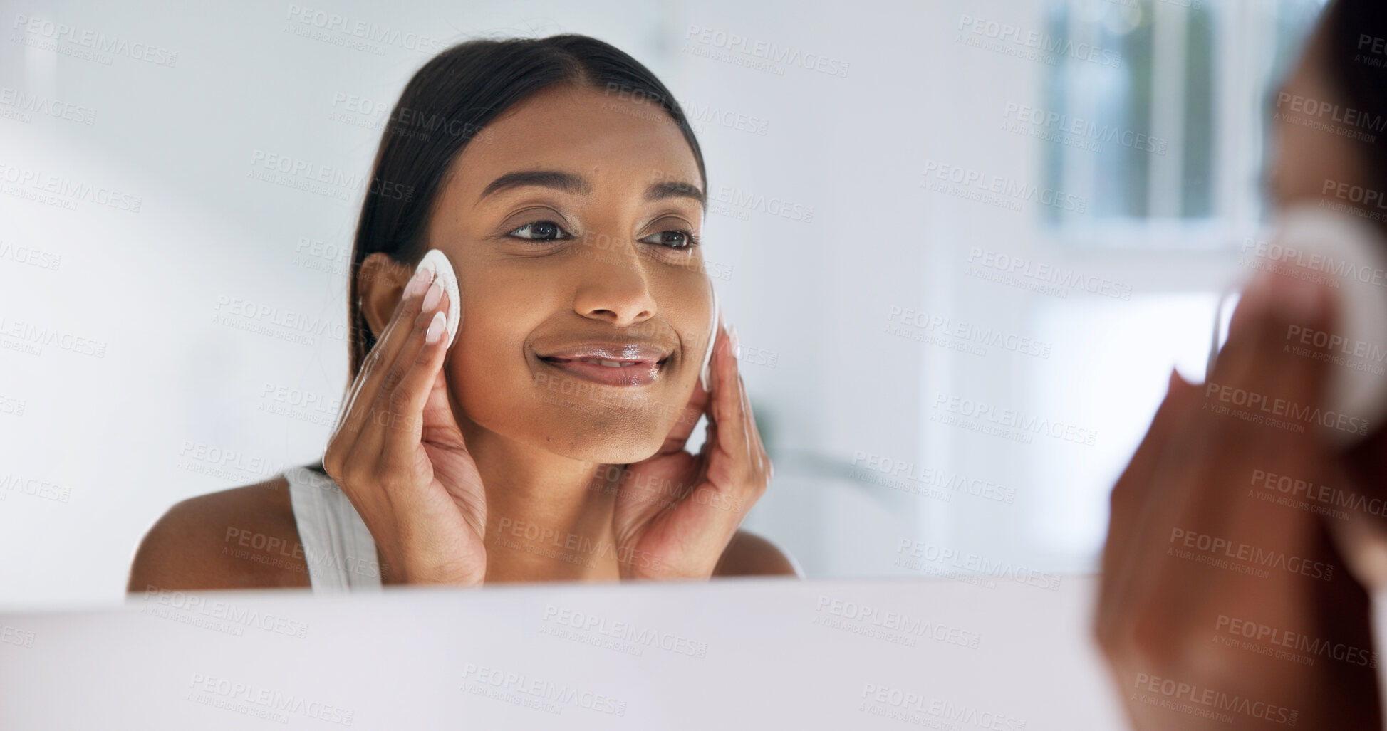 Buy stock photo Mirror, pad and woman in bathroom for skincare, hygiene and cleaning with makeup remover. Reflection, female person and cosmetics at house with cotton, facial cleanser and treatment for dermatology