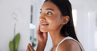 Buy stock photo Happy, pad and woman in bathroom for skincare, hygiene or cleaning pores with makeup remover. Smile, female person or cosmetics in home with cotton, facial cleanser and treatment for dermatology glow