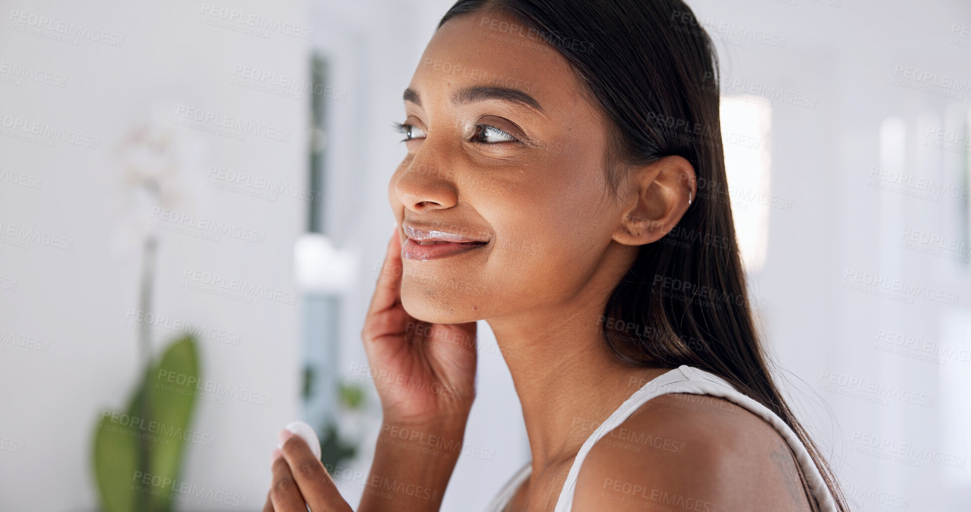 Buy stock photo Happy, pad and woman in bathroom for skincare, hygiene or cleaning pores with makeup remover. Smile, female person or cosmetics in home with cotton, facial cleanser and treatment for dermatology glow