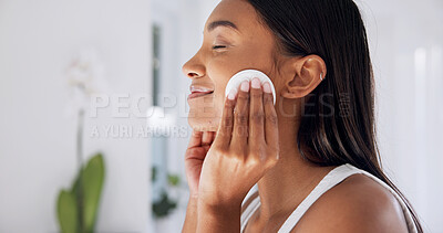 Buy stock photo Smile, pad and woman in bathroom for skincare, hygiene and cleaning face with makeup remover. Happy, female person or cosmetics in home with cotton, facial cleanser and treatment for dermatology glow
