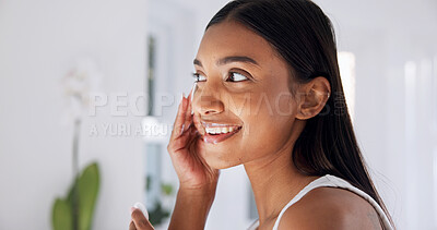 Buy stock photo Smile, pad and woman in home for skincare, hygiene and cleaning skin with makeup remover. Happy, female person or cosmetics in bathroom with cotton, facial cleanser and treatment for dermatology glow