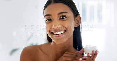 Buy stock photo Portrait, skincare and woman in cream jar for hydration, skin benefits and wellness in bathroom. Smile, person and cosmetics product, lotion and hyaluronic acid moisturizer for natural beauty at home