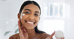 Bathroom, skincare and woman in cream jar for hydration, skin benefits and wellness with portrait. Smile, person or cosmetics product, lotion or hyaluronic acid moisturizer for natural beauty at home