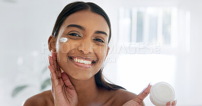 Buy stock photo Bathroom, skincare and woman in cream jar for hydration, skin benefits and wellness with portrait. Smile, person or cosmetics product, lotion or hyaluronic acid moisturizer for natural beauty at home