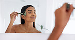 Mirror, skincare or woman with jade roller at bathroom for beauty, lymphatic drainage or smile. Home, reflection or person with tool for facial massage, circulation or dermatology benefits in morning