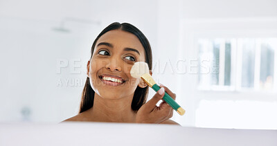Buy stock photo Woman, smile and makeup brush in bathroom with mirror, morning routine or powder application for beauty. Space, female person and cosmetic tools in home with reflection, grooming and getting ready.