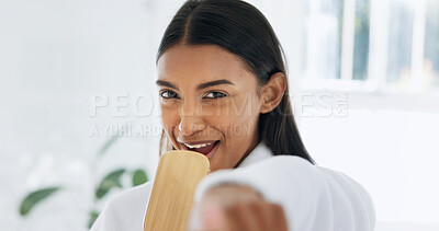 Buy stock photo Woman, happy and singing in portrait with hairbrush for morning routine, fun and hair care in bathroom. Bamboo brush, smile and female person grooming in home for beauty, karaoke and getting ready