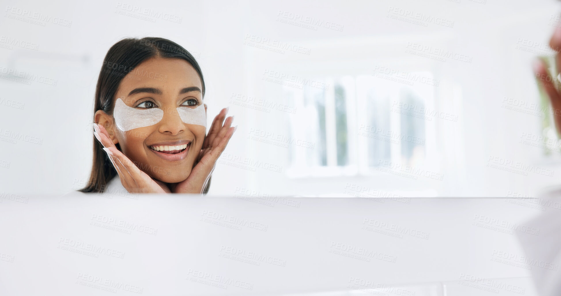 Buy stock photo Woman, dermatology and eye mask in bathroom with mirror, reduce dark circles and skincare routine. Space, happy person and collagen patch in home with reflection, cosmetics and vitamin C benefits.