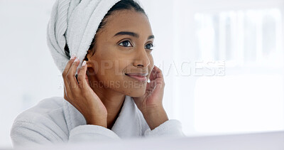 Buy stock photo Woman, towel and hair treatment in bathroom with mirror, morning routine and grooming for wellness. Space, female person getting ready and reflection in home with dermatology, beauty and cosmetics.