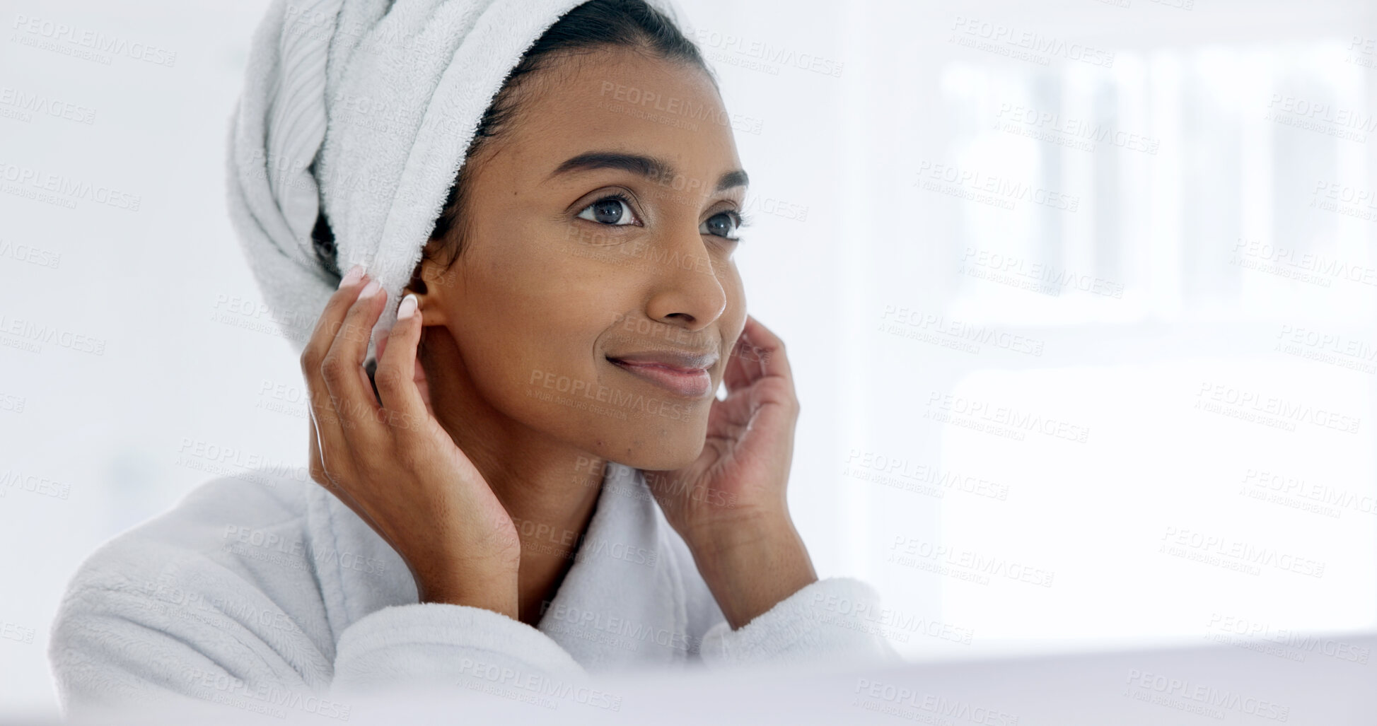 Buy stock photo Woman, towel and hair treatment in bathroom with mirror, morning routine and grooming for wellness. Space, female person getting ready and reflection in home with dermatology, beauty and cosmetics.