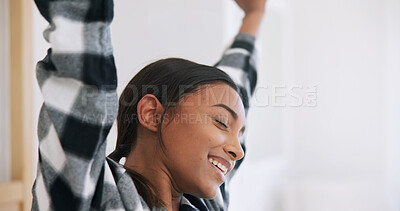 Buy stock photo Morning, wake up and woman stretching in home for wellness, circulation and ready to start day. Smile, person and refreshed in bedroom, muscle relief and peace with calm in apartment with space