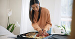 Pack, suitcase and woman with clothes in bedroom, travel preparation and holiday trip for smile. Home, getting ready and happy person with organization of vacation apparel, weekend getaway or luggage