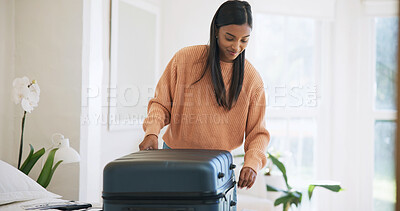 Buy stock photo Close, suitcase or woman with smile in bedroom, travel preparation or international trip for holiday. Home, getting ready and person with organization of vacation wardrobe, weekend break and luggage