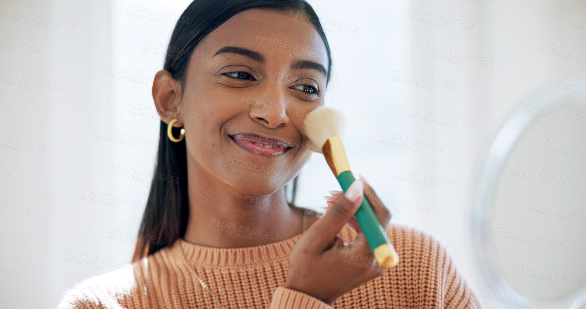 Buy stock photo Woman, beauty and makeup brush in home with mirror, foundation application and smile for getting ready. Happy, person and apply powder in house with cosmetic tools, reflection and morning routine.