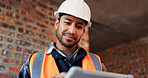 Construction, happy and man on tablet for building report, site inspection and planning. Architecture, low angle and person on digital tech for renovation, remodeling and research for infrastructure
