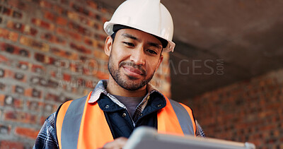Buy stock photo Construction, happy and man on tablet for building report, site inspection and planning. Architecture, low angle and person on digital tech for renovation, remodeling and research for infrastructure